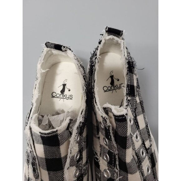 Corkys Boutique Black White Babalu Distressed Buffalo Plaid Slip on Sneakers, 6 - Picture 6 of 7